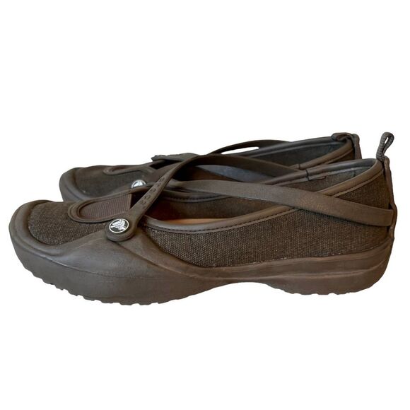 CROCS CELESTE Mary Jane Size 7 Brown Criss Cross Strap Mary Jane Slip On Shoes - Picture 5 of 14